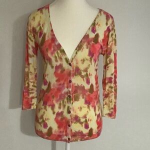 Guess Floral Watercolor Cardigan in Cream, Pink & Olive Size Medium